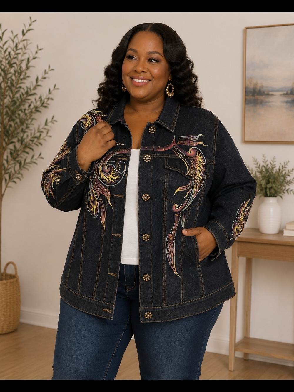 Diane Gilman Dark Blue Embroidered Denim Jacket with Gold and Pink Accents